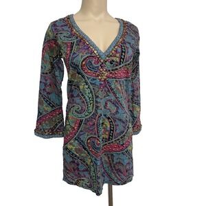 Barbara Gerwit Beaded Art to Wear 3/4 Sleeve Tunic Top Small Gamoratti Dopamine